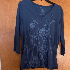 Women's Blue Long Sleeve Top with Floral Design